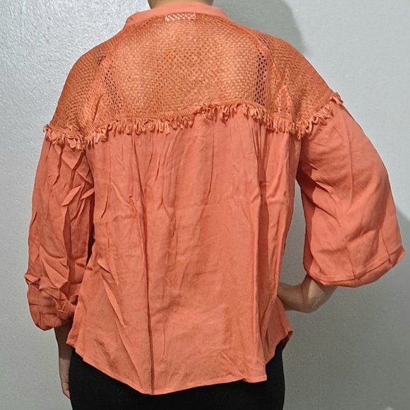 MANGO BOHO SHEER NET MESH BALLOON SLEEVE TOP - Picture 4 of 8